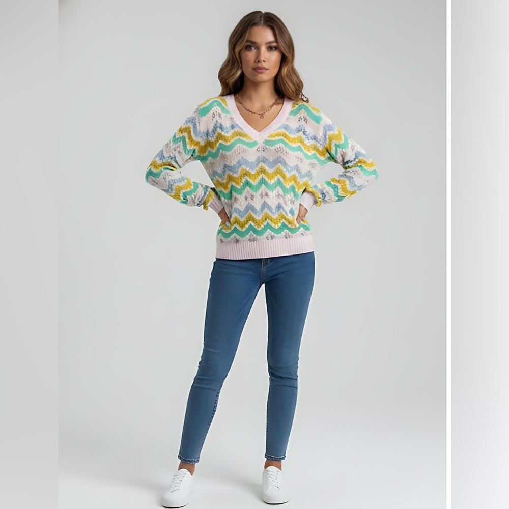LAST ONE 🔥 Wavy Striped Pointelle Knit Sweater